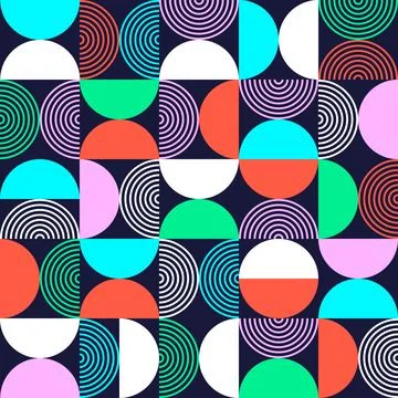 Vibrant Geometric Pattern with Circles and Semi-Circles on Dark Background Illustrazione stock