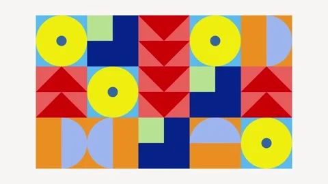 Vibrant Geometric Pattern of Circles, Triangles, and Squares in Bright Colors Stock Footage 341926136