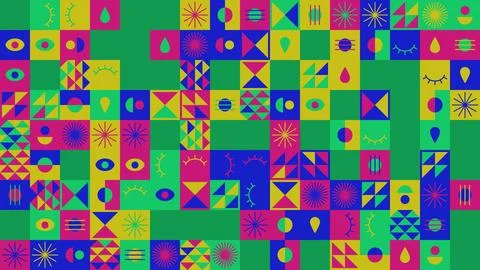 This vibrant geometric pattern features bold colors and abstract designs, m.. Stock Illustration