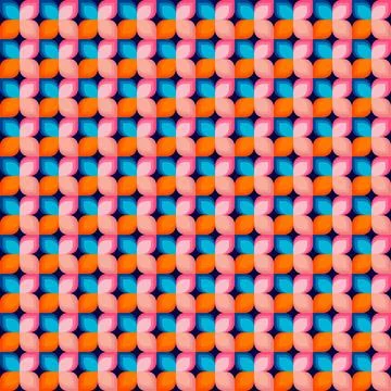 Vibrant Geometric Pattern with Interlocking Shapes in Pink, Orange, and Blue Stock Illustration