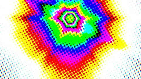 Vibrant, geometric pattern radiates from a central hexagon Stock Illustration