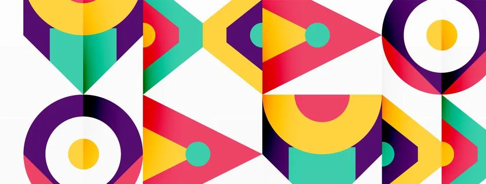 Vibrant geometric pattern with triangles and circles on white background Stock Illustration