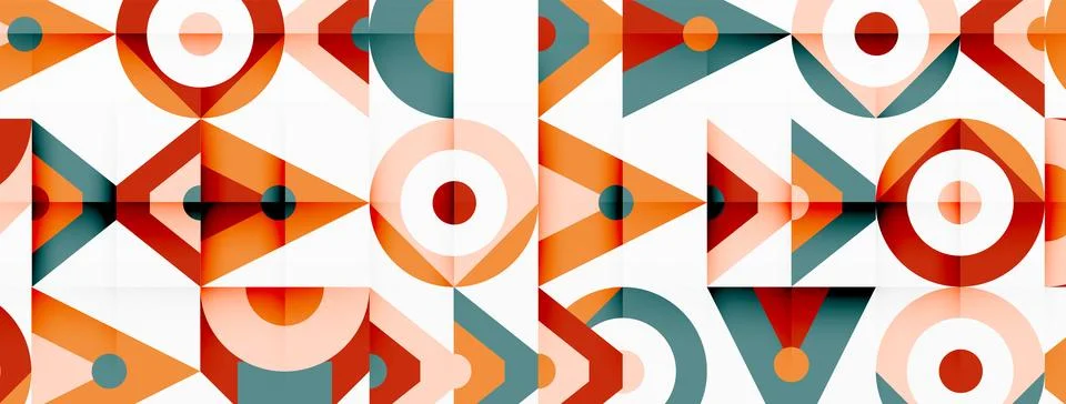 Vibrant geometric pattern with triangles, circles, and arrows on a white canvas Illustrazione stock