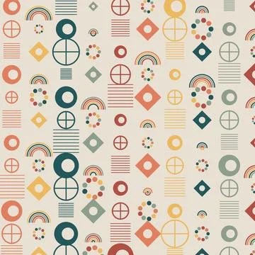 Vibrant geometric patterns with circles diamonds rainbows polka dots stripes Stock Illustration