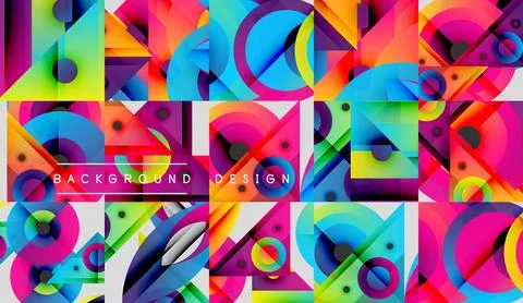 Vibrant geometric patterns create colorful background. Overlapping shapes, Stock Illustration