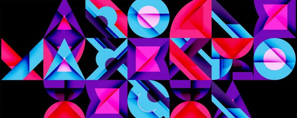 Vibrant geometric patterns dominate black background. Triangles, squares, イラスト素材