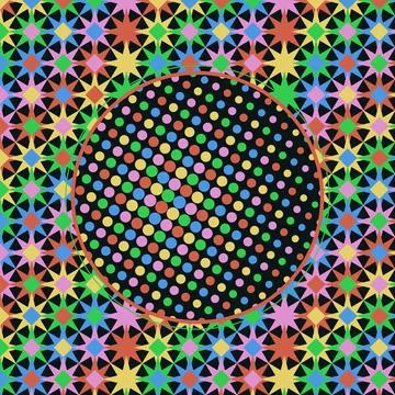 Vibrant geometric polka dot circle surrounded by starburst patterns on blac.. Stock Illustration