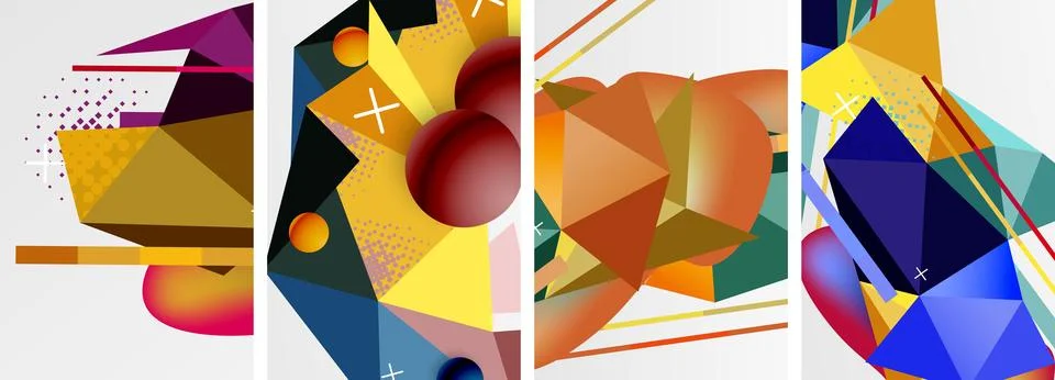 Vibrant geometric shapes create a captivating collage of art on a white canvas Stock Illustration