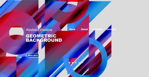 Vibrant geometric shapes create dynamic website header. Text overlays offer Ilustración de archivo
