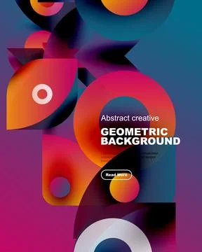 Vibrant geometric shapes overlap, creating colorful abstract background. Text Illustrazione stock