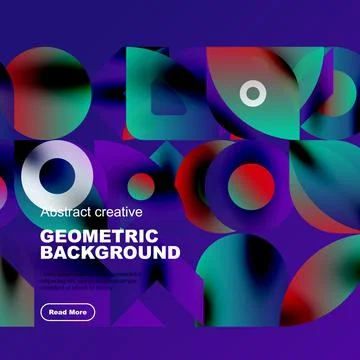 Vibrant geometric shapes overlap, creating dynamic abstract background. Purple, Illustrazione stock