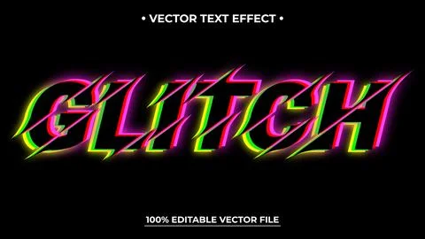 Vibrant Glitch Text Effect with Neon Colors on Black Background, Vector Desig Stock Illustration