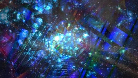 Vibrant Glowing Blobs Falling Slowly in Outer Space with Rising Dust Stock Illustration