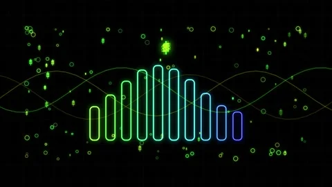 Vibrant glowing digital audio equalizer bar spectrum pulsing on dark grid b.. Video stock 344685116