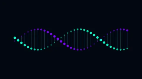 A vibrant glowing dna double helix structure against a solid black background Stockbeeldmateriaal 338309750
