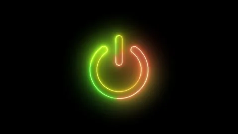 Vibrant glowing neon power button icon on dark black background, futuristic.. Stock Footage 309634717