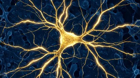 Vibrant glowing neuron cell structure with bright electrical signals and co.. Stock Illustration