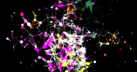 Vibrant glowing node cluster spins with changing acceleration filling dark f Stock Footage 345521369
