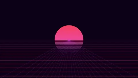 A vibrant glowing red sun hovering over a digital synthwave horizon grid Stock Footage 338311370