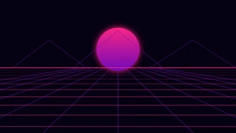 A vibrant glowing sunset over a digital wireframe landscape in retro style 库存影片 336262464
