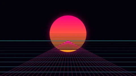 A vibrant glowing sunset over a digital synthwave grid landscape at night Stock-Footage 338310820