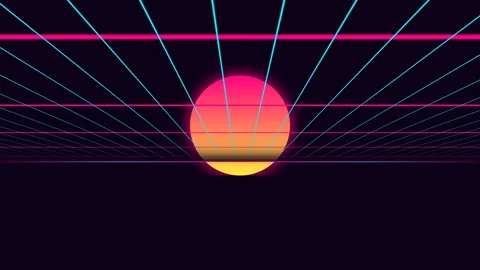A vibrant glowing sunset over a digital neon grid in eighties retro style Stockbeeldmateriaal 338310927