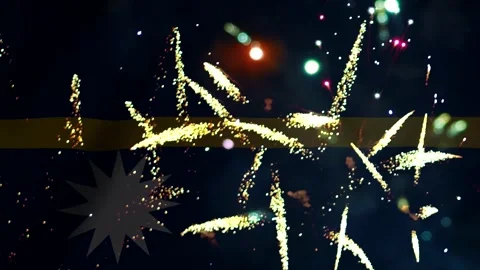 Vibrant golden firework explosions lighting up the night sky during a festi.. Video stock 343691034