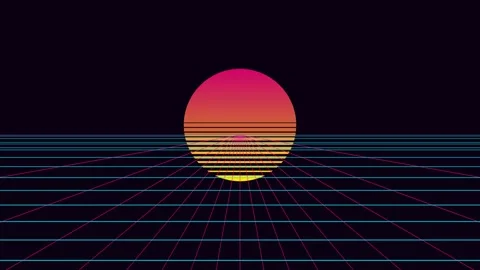A vibrant gradient sun glowing above a digital perspective grid landscape 動画素材 338310179