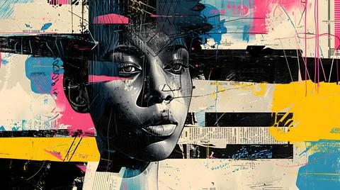 A vibrant graphic design collage featuring a stylized portrait of a young person Stock Illustration