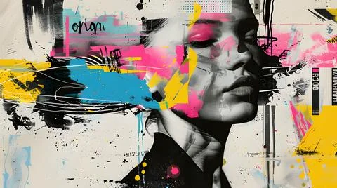 Vibrant graphic design collage featuring a stylized portrait of a young person Stock Illustration