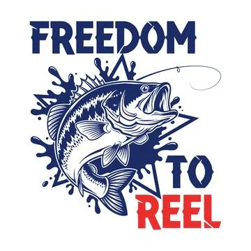 A vibrant graphic design featuring a fish and the words Freedom to Reel tshirt Stock Illustration