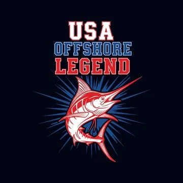 A vibrant graphic design featuring a marlin fish and USA offshore legend text Illustration