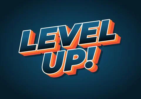 A vibrant graphic design featuring the phrase LEVEL UP! in bold, 3D typogra.. Stockillustratie