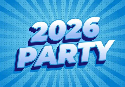 A vibrant graphic design featuring the text 2026 PARTY in bold, 3D style ag.. Illustrazione stock