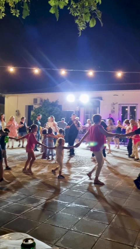 Vibrant Greek Circle Dance at Night Festive Celebration in Agioi Douloi Stock Footage 336278634
