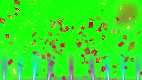 Vibrant green background with falling red confetti Stock Footage 337449001