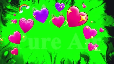 Vibrant green background featuring floating pink hearts and pure air text 库存影片 338381898