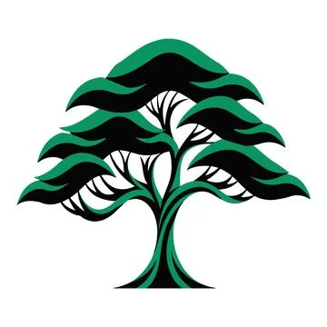 A vibrant green cedar tree design with layered branches and a dark silhouett Stock Illustration