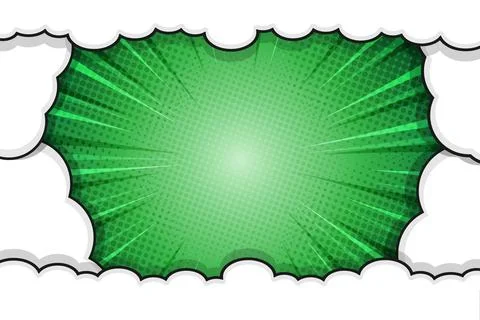 Vibrant Green Comic Book Frame Background with Full Cloud Border and Dynami.. イラスト素材