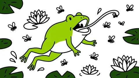 Vibrant Green Frog Leaping to Catch Flies in a Pond with Water Lilies. Stock Illustration