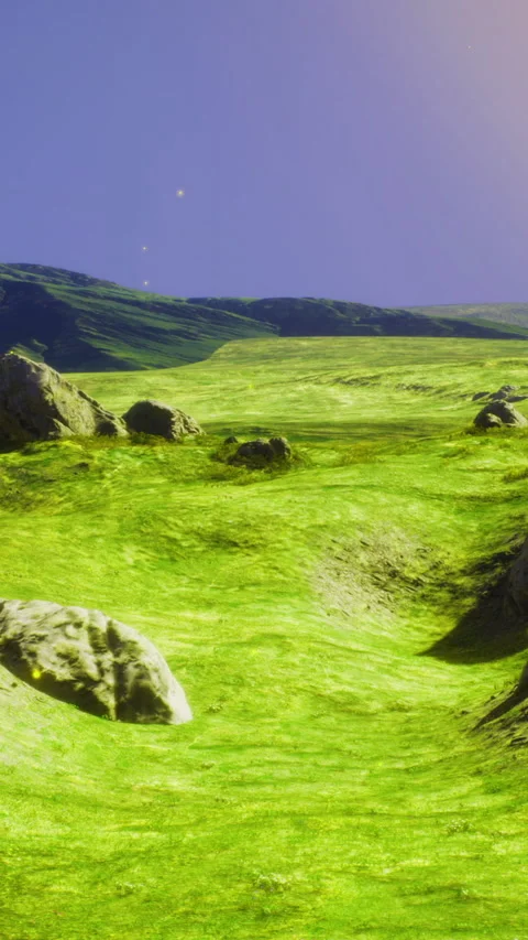 Vibrant green landscape under a twilight sky with glowing elements Stock Footage 320303611