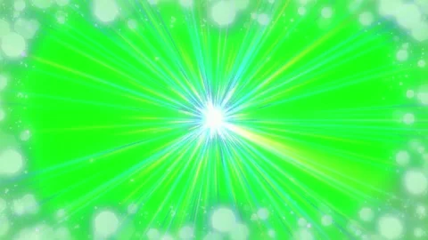 Vibrant green light rays burst from center with floating bokeh particles with Stock Footage 340613044
