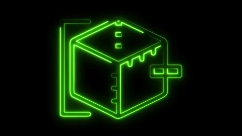 Vibrant green neon cube glows dynamically against a dark backdrop, symbolizing Stock Footage 320982775