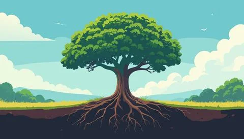 Vibrant green tree with strong trunk in open field with soft clouds and rol.. Stock Illustration
