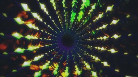 Vibrant green/orange geometric light tunnel converges to a dark center 스톡 일러스트