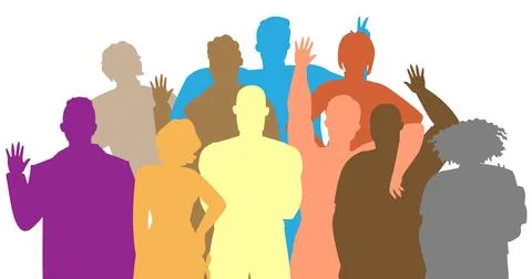 A vibrant group of individuals stands together, raising their hands in a lively Stock Illustration