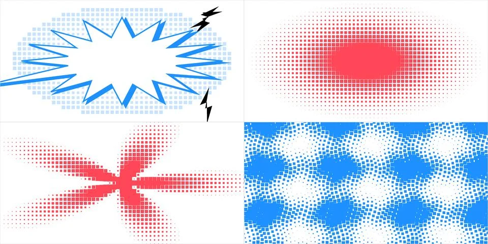 Vibrant Halftone Graphic Elements: Comic Bursts, Radial Fades, and Seamless.. Stockillustratie