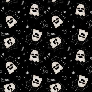 Vibrant Halloween seamless pattern with ghosts, spiders, and autumn motifs .. 스톡 일러스트