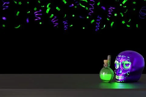 Vibrant Halloween-themed image featuring glowing purple skull and bottle of g Stock Illustration
