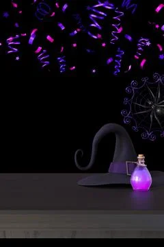 Vibrant Halloween-themed image featuring witches hat, bottle of purple poti.. Stock Illustration